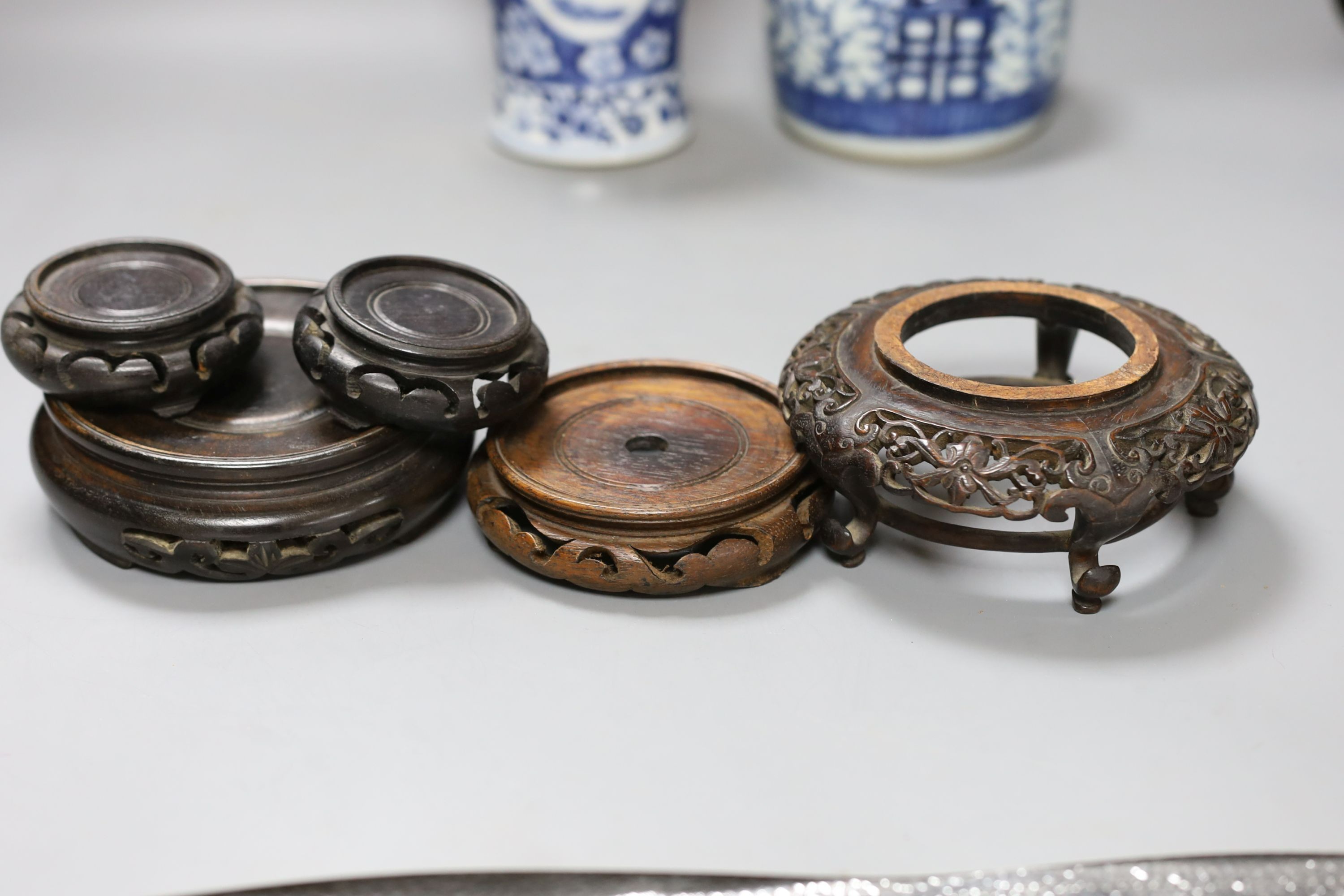 A Chinese Kangxi style teabowl and saucer, other oriental ceramics, carved hardwood easel, etc.